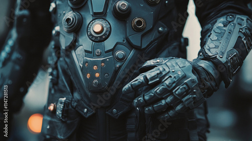 Futuristic armored suit close-up with intricate detl and design elements.   photo