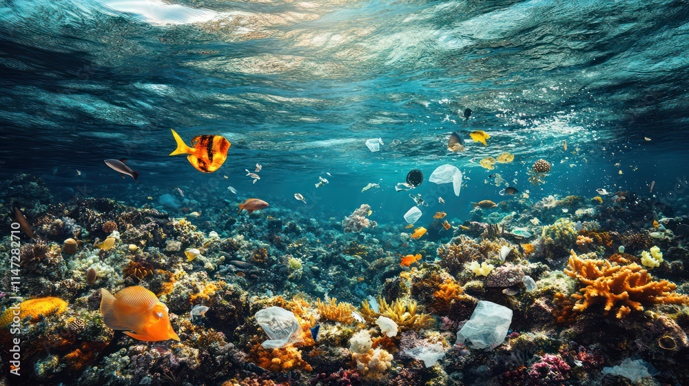 Plastic pollution in ocean, coral reef and fish. Plastic pollution in ocean, coral reef and fish.