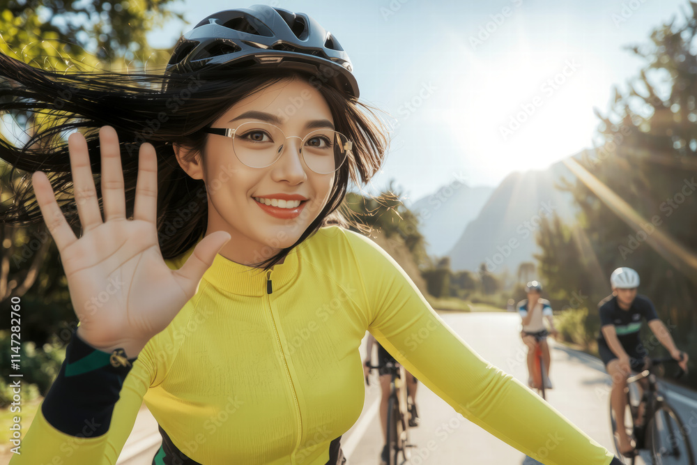 woman joyfully rides bicycle on sunny day, wearing yellow jacket and helmet, with group of cyclists in background on scenic road woman joyfully rides bicycle on sunny day, wearing yellow jacket and helmet, with group of cyclists in background on scenic road