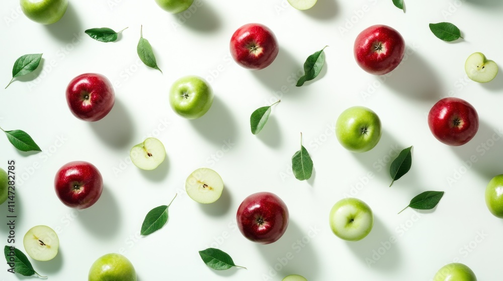 Red and Green Apples Arranged with Leaves on White Red and Green Apples Arranged with Leaves on White