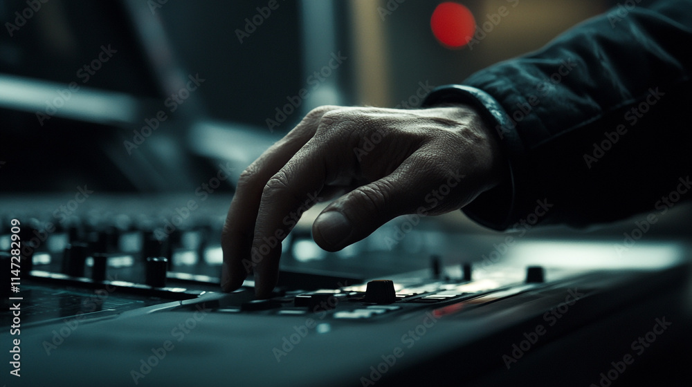 Hand adjusting sound mixer controls in a low-lit studio setting. Hand adjusting sound mixer controls in a low-lit studio setting.