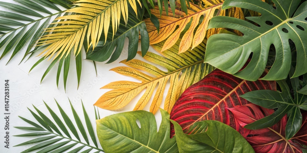 Fototapeta premium A vibrant and eclectic arrangement of tropical leaves in shades of green, yellow, and red on a crisp white backdrop