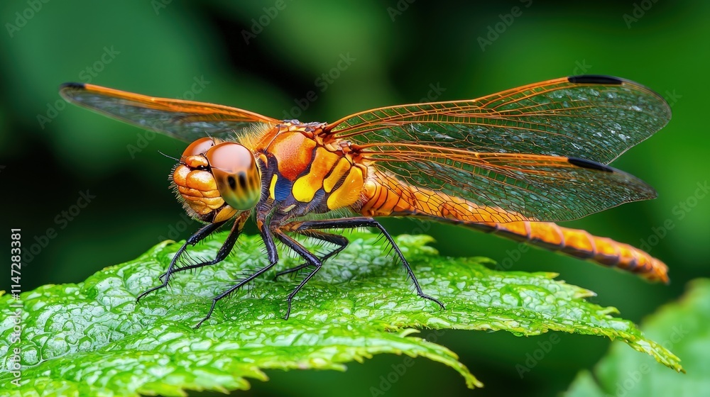 Fototapeta premium Vibrant orange dragonfly perched on a green leaf.