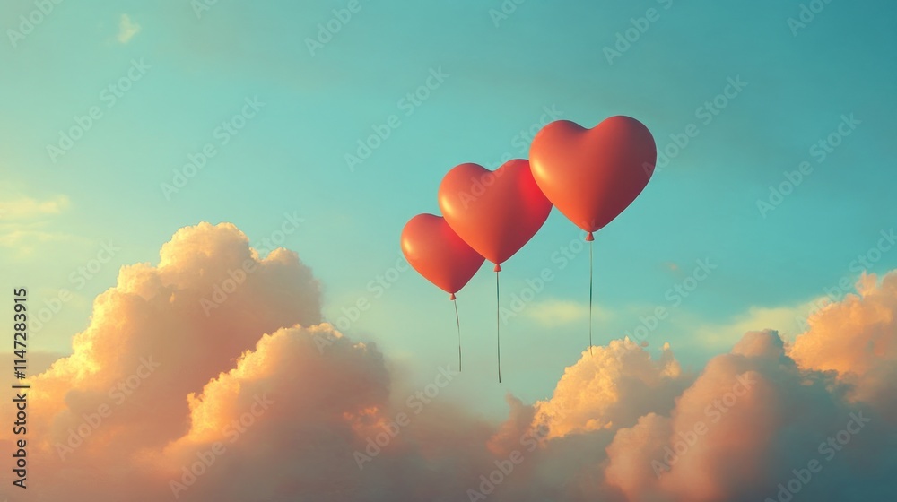 Fototapeta premium Three Heart Shaped Balloons Float Amongst Clouds