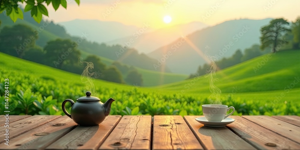 Fototapeta premium Serene Sunrise Tea Ceremony A steaming cup and teapot rest on a rustic wooden table, overlooking a vibrant landscape bathed in the golden light of dawn.