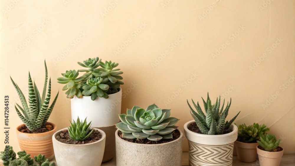 A collection of potted succulents arranged on a neutral background, showcasing their diverse textures and forms.