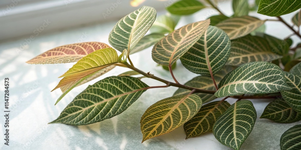 Obraz premium Close-up of a Branch with Intricate Veined Leaves Displaying a Range of Green and Yellow Hues