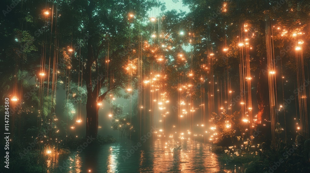 A magical jungle at night, with glowing trees, floating lights, and an otherworldly ambiance, as if from a fantasy world, with a mystical aura A magical jungle at night, with glowing trees, floating lights, and an otherworldly ambiance, as if from a fantasy world, with a mystical aura