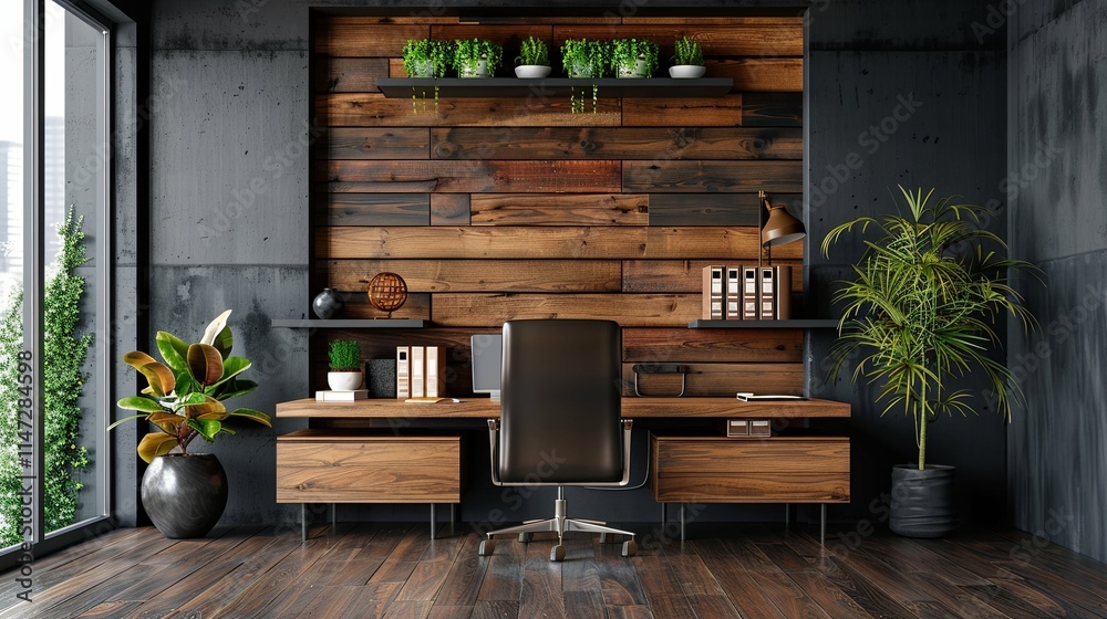Modern Home Office with Wood Wall, Desk, and Greenery Modern Home Office with Wood Wall, Desk, and Greenery