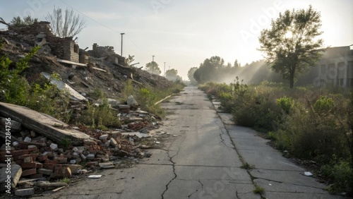 A forgotten road winds through the debris of a forgotten time, the sun casting long shadows on the overgrown path photo