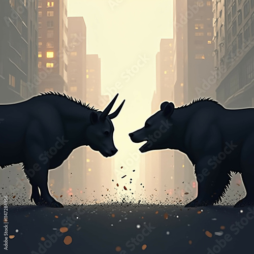 Stylized silhouettes of bull vs bear, bullish vs bearish investors in stock market trend, Wall Street, forex photo