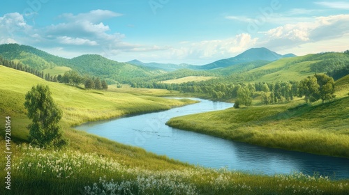 A peaceful river winding through a green valley, with distant hills and tranquil surroundings, capturing the essence of Helen Keller's personal journey of growth and exploration