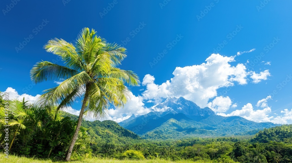 Lush tropical landscape with palm tree and mountain. Lush tropical landscape with palm tree and mountain.