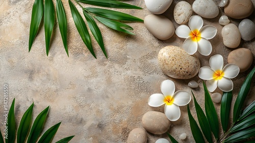 Creative layout made of pebbles and flowers ideal for massage and relaxation
