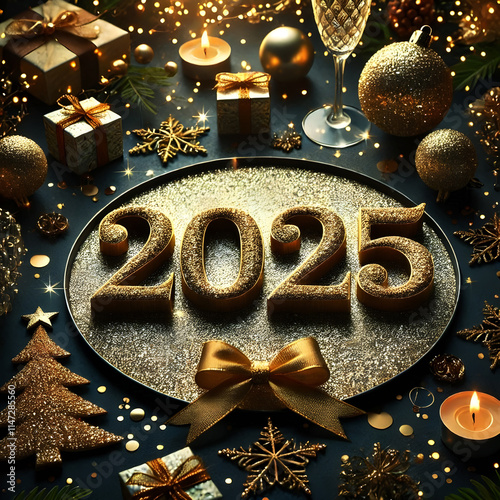 Luxury and elegant happy new year 2025 with luxurious and shiny gold numbers Happy new year 2025, 2025 gold logo design, 2025 3d illustration Happy New Year Celebration Festive Concept