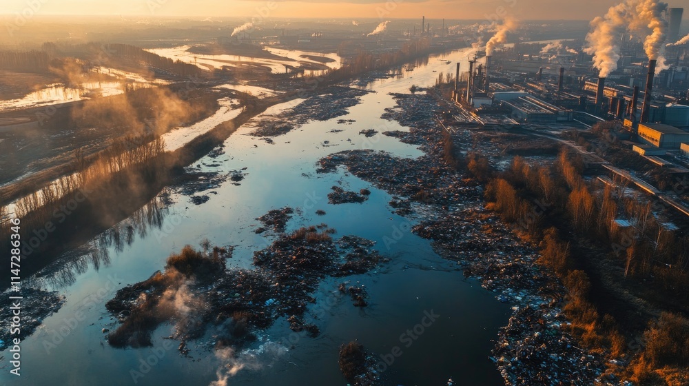Fototapeta premium A river filled with industrial waste and plastic debris, polluted water reflecting the environmental dangers posed by contamination from factories and trash
