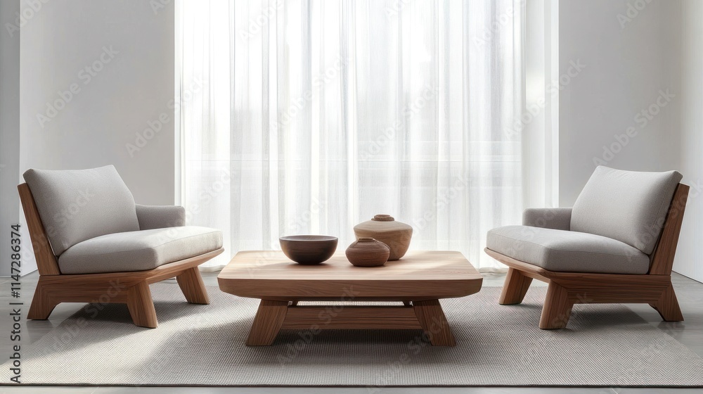 Modern Minimalist Living Room With Wooden Chairs and Coffee Table Modern Minimalist Living Room With Wooden Chairs and Coffee Table