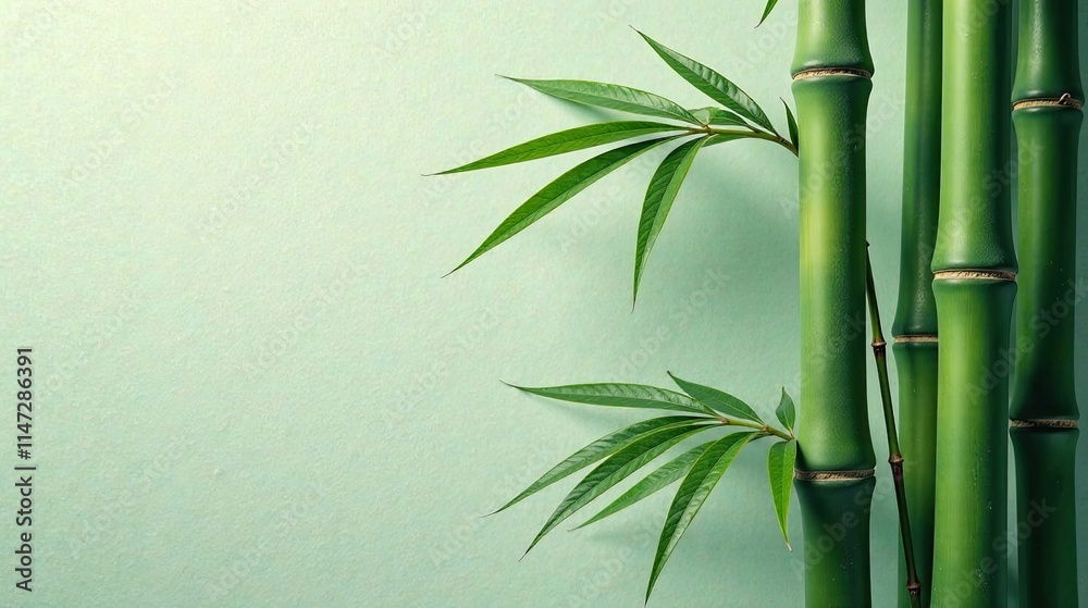 Fototapeta premium Serene Green Bamboo Stalks with Lush Foliage Against a Soft Mint Background