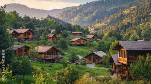 A scenic view of rustic wooden cabins scattered throughout a mountain village, with a backdrop of rolling hills and lush forest, creating a tranquil alpine atmosphere