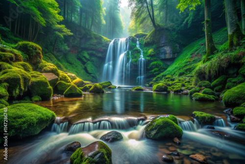 tranquil waterfall cascading down moss covered rocks, surrounded by lush greenery and serene waters. peaceful atmosphere invites relaxation and reflection