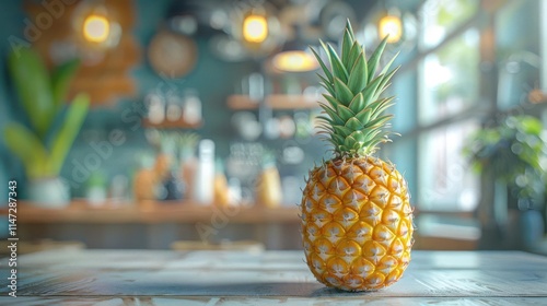 A whole pineapple with ripe yellow fruit on a table.