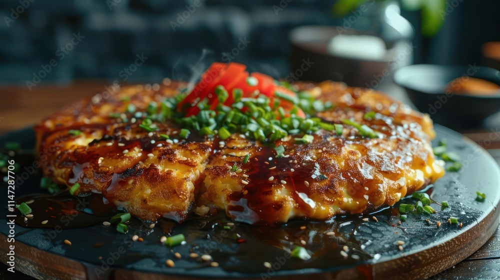Freshly prepared and grilled Japanese-style pizza topped with fish and vegetables. Freshly prepared and grilled Japanese-style pizza topped with fish and vegetables.