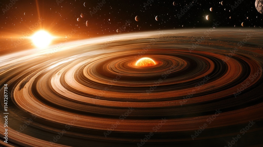 A stunning space scene featuring a colorful planet encircled by radiant rings, with the sun glowing in the distance and distant planets scattered in the cosmos