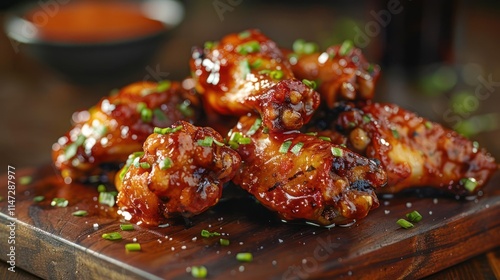 A tantalizing close-up of cooked barbecued chicken wings with a glossy coat of sweet and sour sauce garnished with fresh green onions. photo