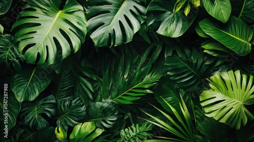 Wallpaper Mural A summer-themed banner with lush palm leaves and tropical plants forming a dense, green background, offering clear copy space for text Torontodigital.ca