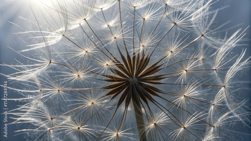 Naklejka premium A delicate dandelion seed head, backlit by the sun, reveals intricate details of its feathery structure