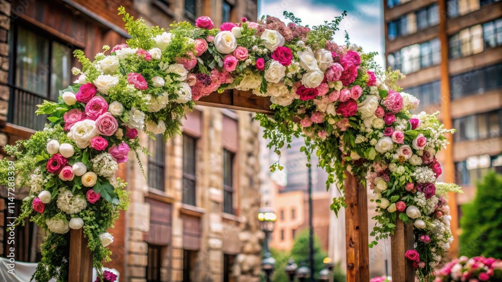 Fototapeta premium Rustic urban arch, white and pink blooms, creates a dreamy outdoor wedding backdrop.