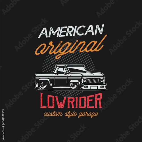 American vintage lowrider pick up truck custom vector colorful t-shirt design.