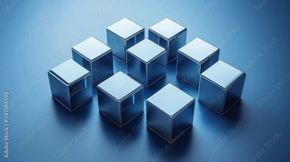 Nine reflective metallic cubes on blue surface. Nine reflective metallic cubes on blue surface.