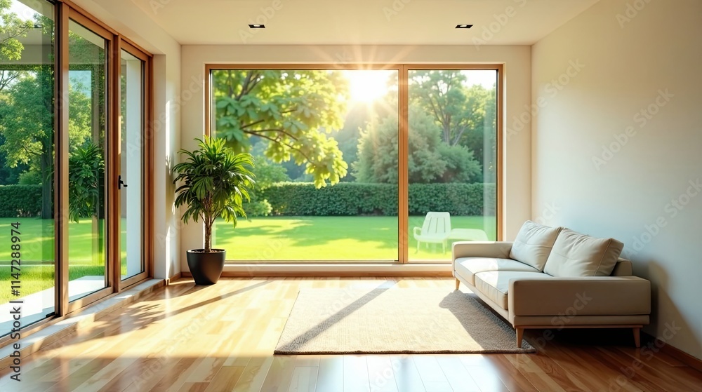 Fototapeta premium Serene Living Room with Expansive Garden View and Sunlight Streaming Through Large Windows