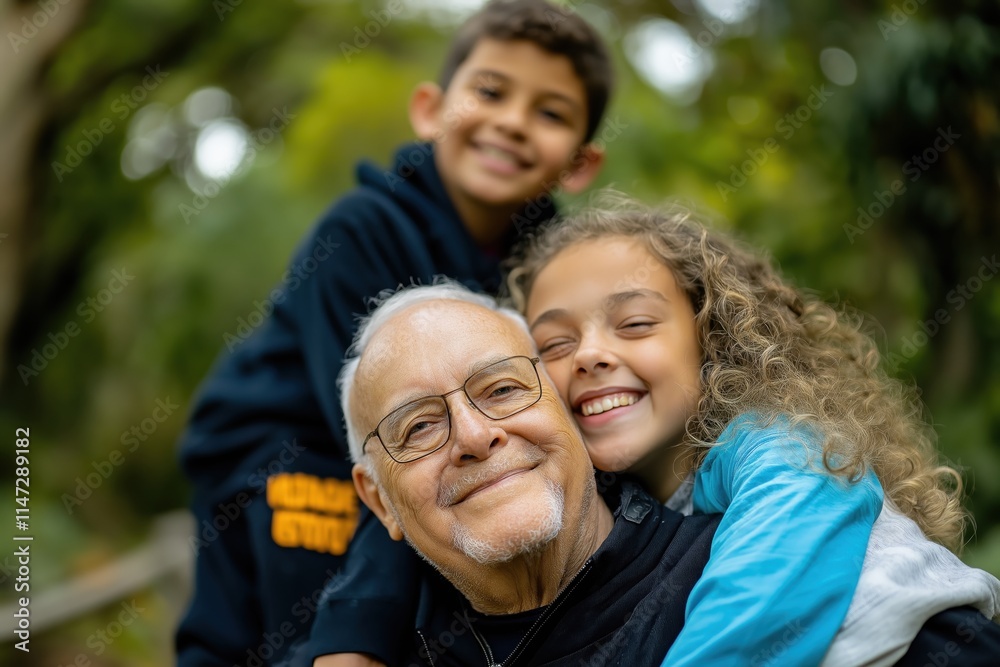 Grandchildren embracing their grandfather in a park, radiating love and affection while enjoying a joyful moment together outdoors Grandchildren embracing their grandfather in a park, radiating love and affection while enjoying a joyful moment together outdoors