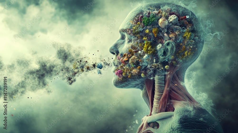 custom made wallpaper toronto digitalAn artistic image depicting pollutants inside the human body, showing the impact of toxic environmental substances on health and internal systems