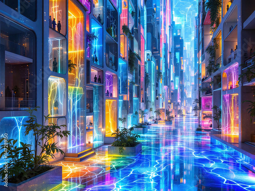 A futuristic, neon-lit city with glowing walkways is featured in this submitted artwork. The scene highlights vibrant, high-tech buildings. photo