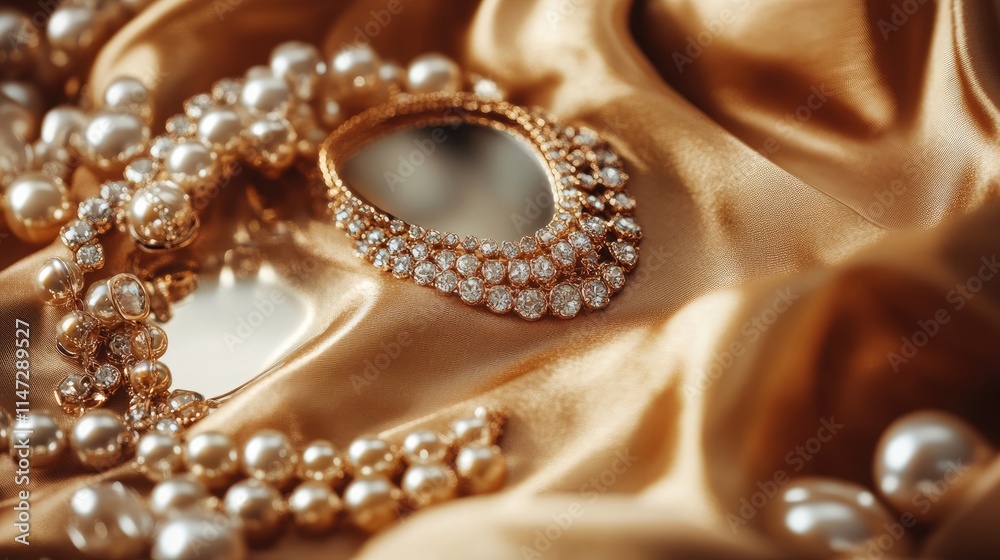 Close-up shot of golden bijouterie placed on soft brown fabric, with a mirror highlighting the fine details and elegance of the jewelry in a luxurious setup Close-up shot of golden bijouterie placed on soft brown fabric, with a mirror highlighting the fine details and elegance of the jewelry in a luxurious setup