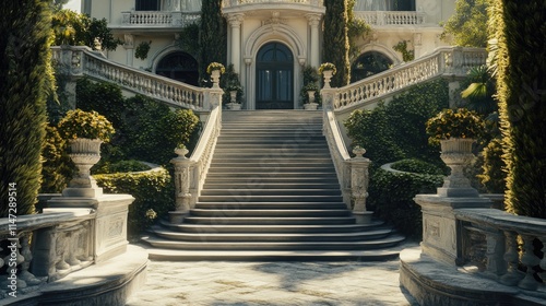Grand stone staircase leading to a luxurious mansion entrance, flanked by manicured gardens and ornate balustrades.