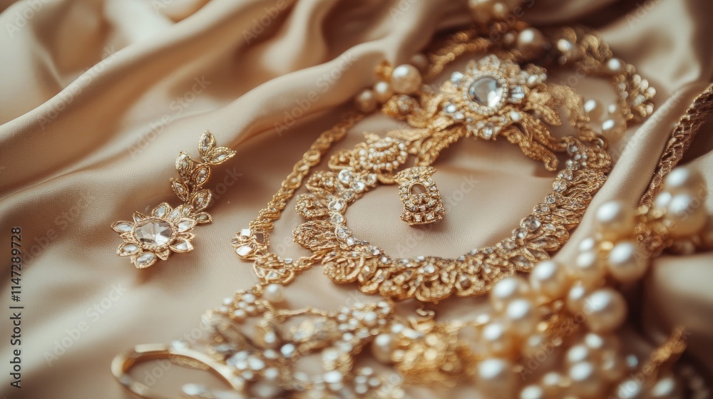 Elegant golden bijouterie laid out on light brown fabric with a mirror reflection, showcasing detailed craftsmanship and luxury accessories in a sophisticated close-up Elegant golden bijouterie laid out on light brown fabric with a mirror reflection, showcasing detailed craftsmanship and luxury accessories in a sophisticated close-up