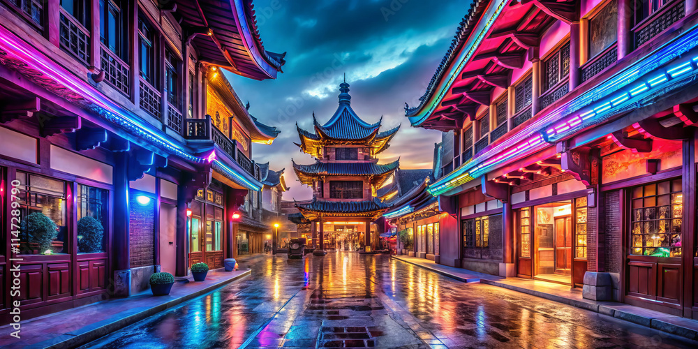 Obraz premium vibrant historic quarter illuminated by colorful neon lights, showcasing traditional architecture and serene atmosphere after rain. scene captures beauty of urban transformation
