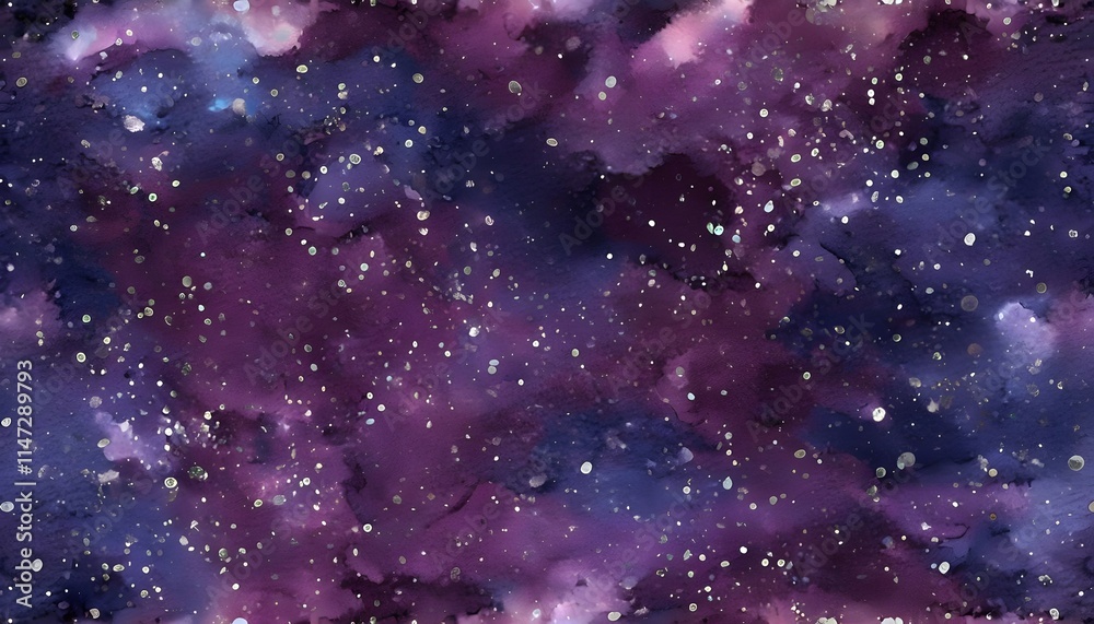 Naklejka premium Cosmic Watercolor Scene in Plum, Indigo, and Metallic Silver