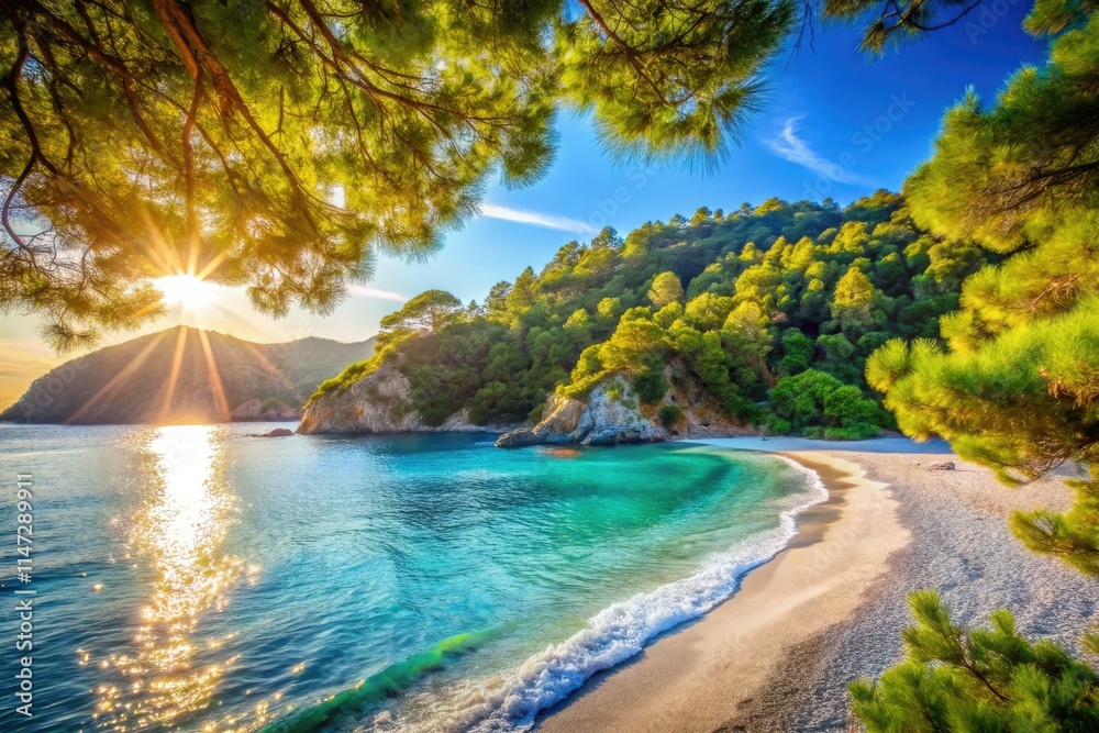 Skopelos' Milia Beach: Azure waters, sandy shores, stunning bokeh photography capture paradise. Skopelos' Milia Beach: Azure waters, sandy shores, stunning bokeh photography capture paradise.