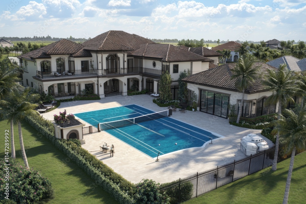 Fototapeta premium Aerial view of a luxury home with pool and tennis court.