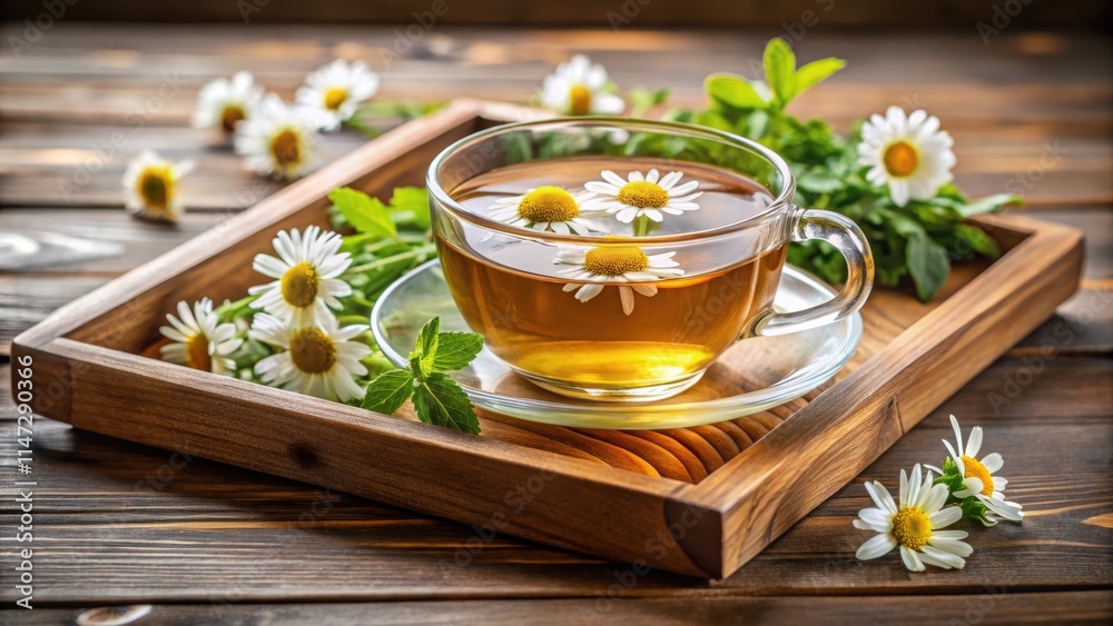 Fresh chamomile tea served on a wooden tray with flowers and green leaves in natural light, chamomile, tea, fresh Fresh chamomile tea served on a wooden tray with flowers and green leaves in natural light, chamomile, tea, fresh