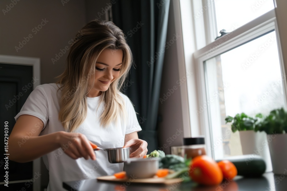 Young woman carefully measuring ingredients in measuring cup while preparing a healthy meal or following a recipe in a domestic kitchen Young woman carefully measuring ingredients in measuring cup while preparing a healthy meal or following a recipe in a domestic kitchen