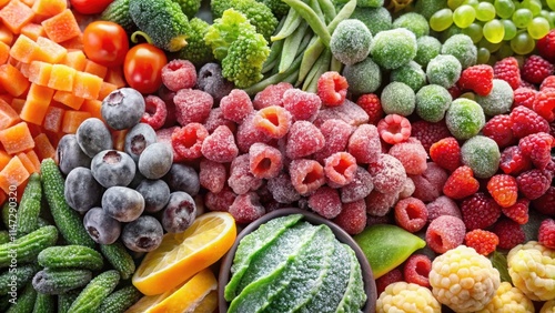 Fototapeta Naklejka Na Ścianę i Meble -  Assortment of frozen vegetables and fruits, frozen, products, assortment, variety, vegetables, fruits, freezer, food