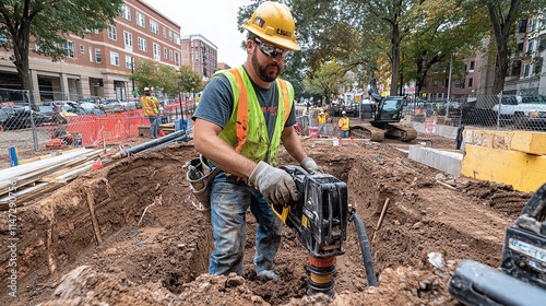 Construction worker operating a vibratory compactor in a large excavation pit. photo