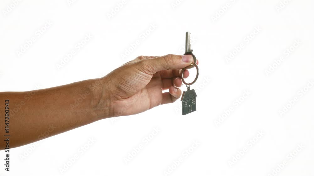 Man holding a house-shaped keychain and key against a white isolated background, symbolizing new home or real estate concept