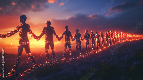 A group of people forming a human chain, realistic in portrayal, but a glowing illustration chain links them together photo